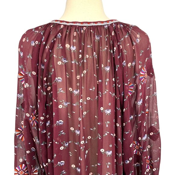 Ulla Johnson Lida Blouse Top Maroon Floral Silk Chiffon V-Neck Size 2 S Sheer - Picture 8 of 14